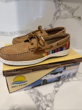 Maui Island Women's Tan Boat Shoes with Multicolor Stripe Accent